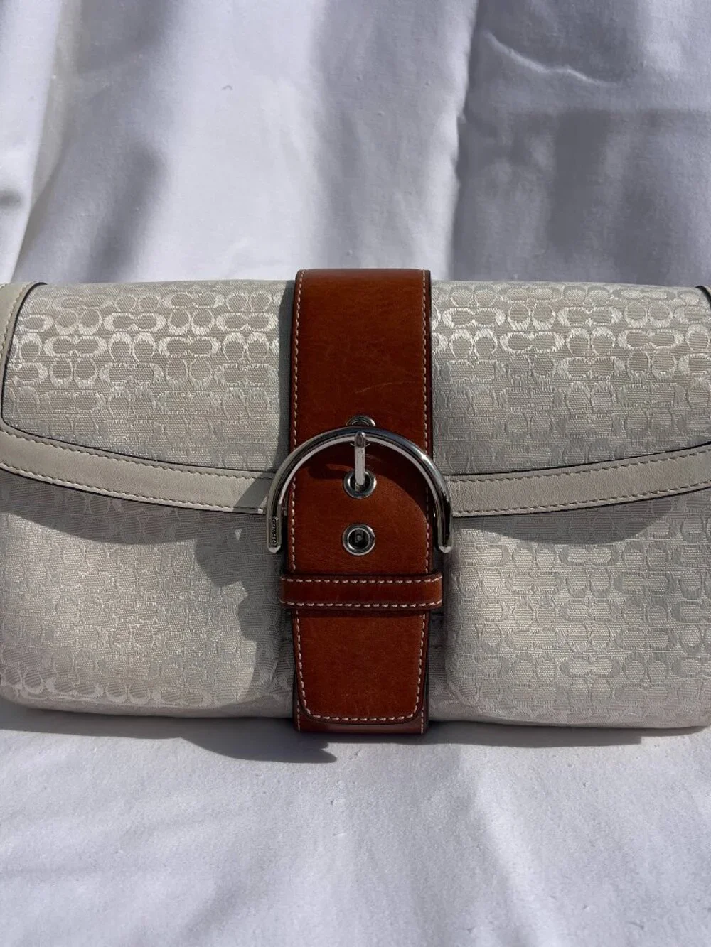 Coach Ivory White Soho Pocket Jacquard Canvas Brown Leather Style 1463